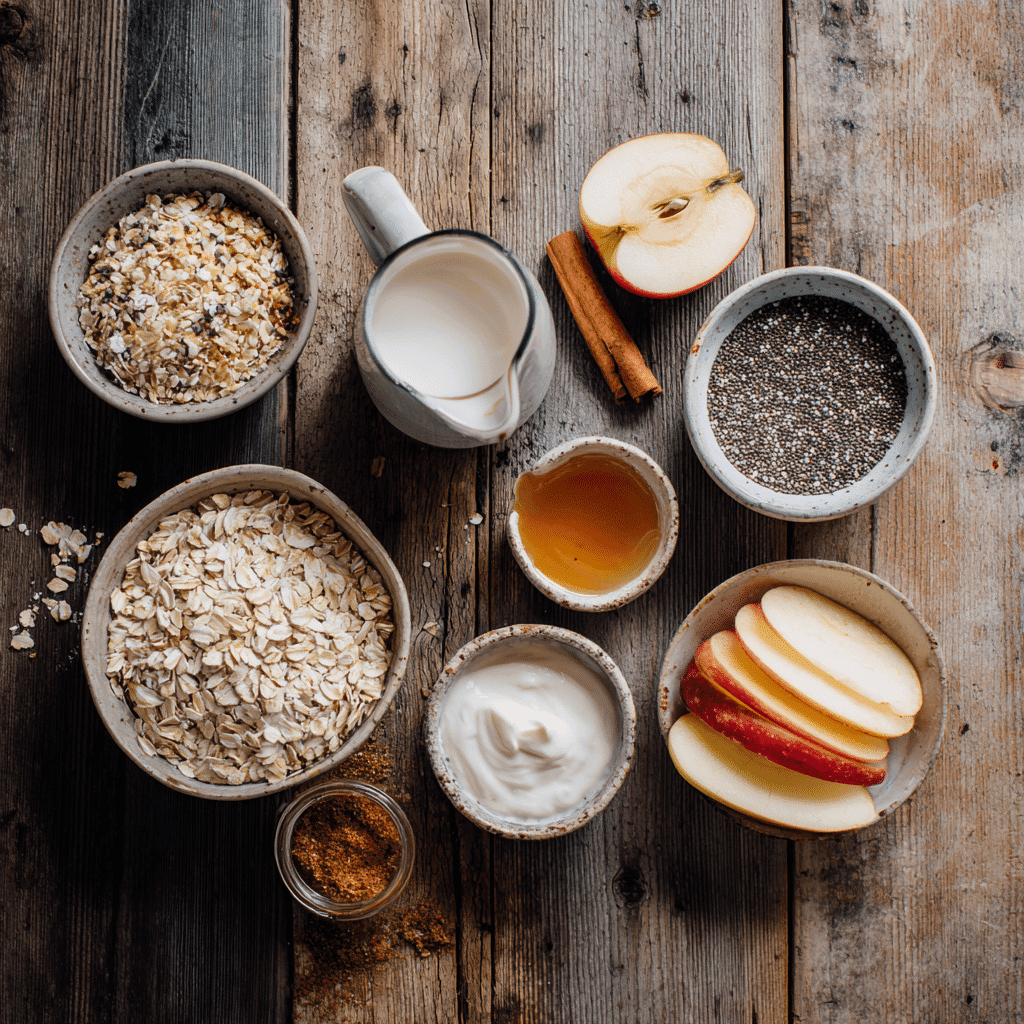 Ingredients for Easy Overnight Oats laid out flat