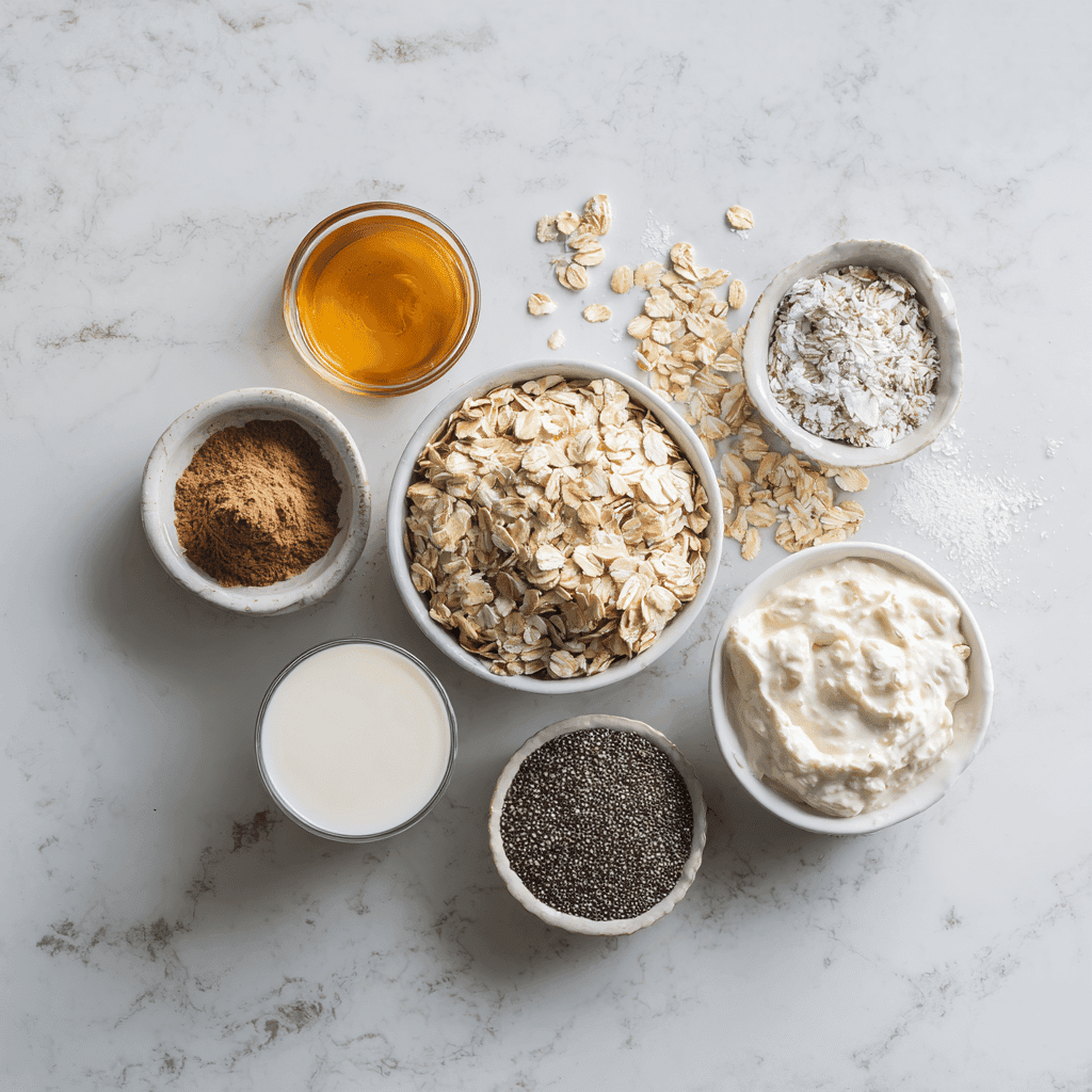 High-Protein Overnight Oats ingredients flat lay