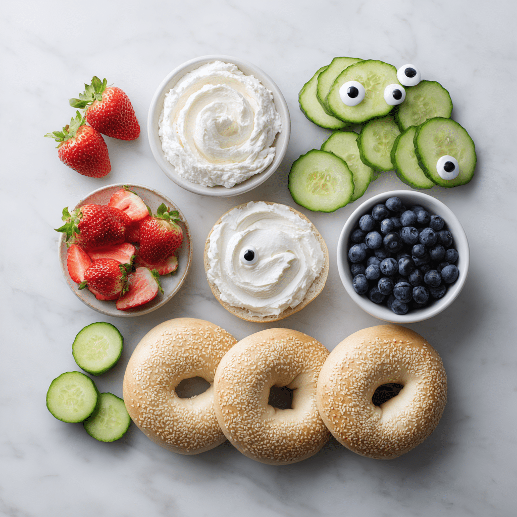 Ingredients for Monster Bagels with Cream Cheese Faces laid out neatly
