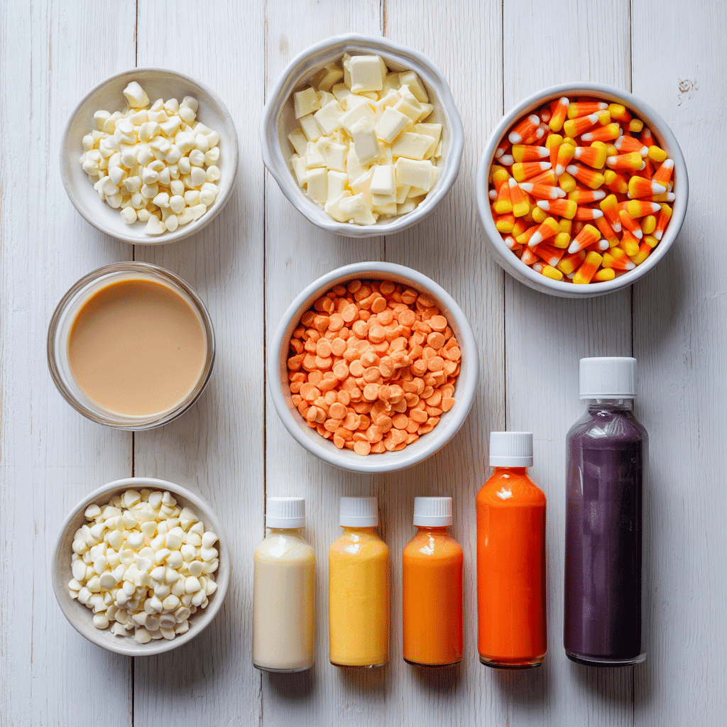 Ingredients for Candy Corn Fudge Squares laid out in small bowls