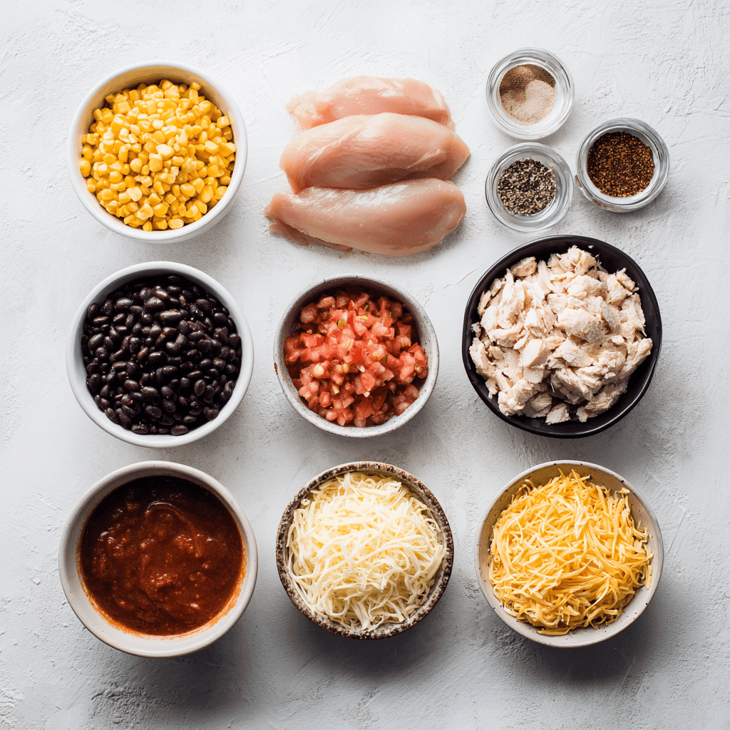 Ingredients for Chicken Enchilada Crock Pot Meal laid out in bright setting