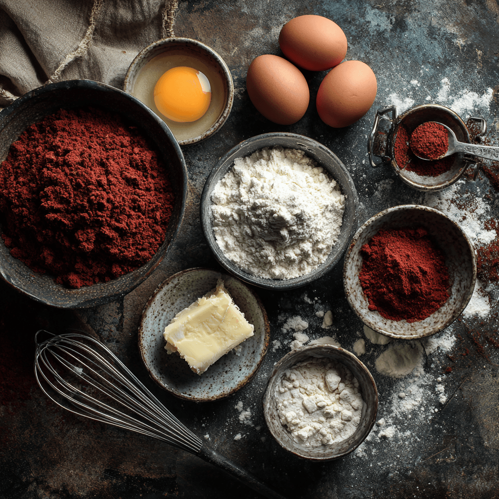 Ingredients for fudgy red velvet crinkle cookies