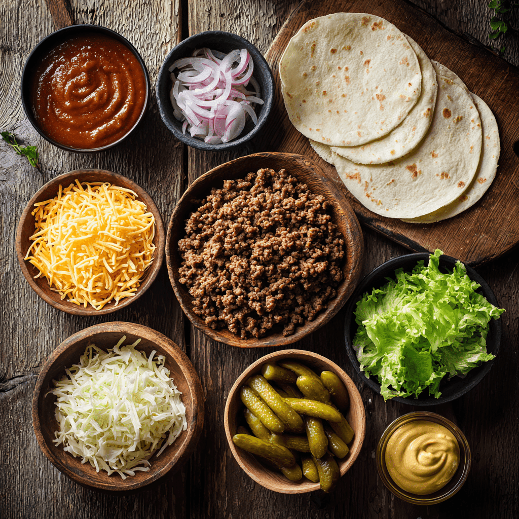 Smash Burger Tacos Ingredients flat lay