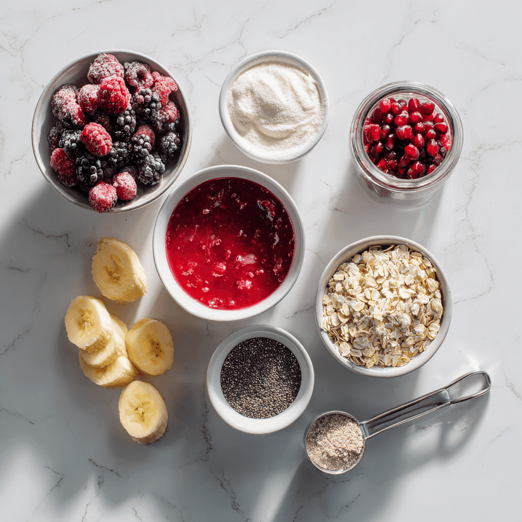 Ingredients for Bloody Berry Smoothie Bowls laid out in small bowls