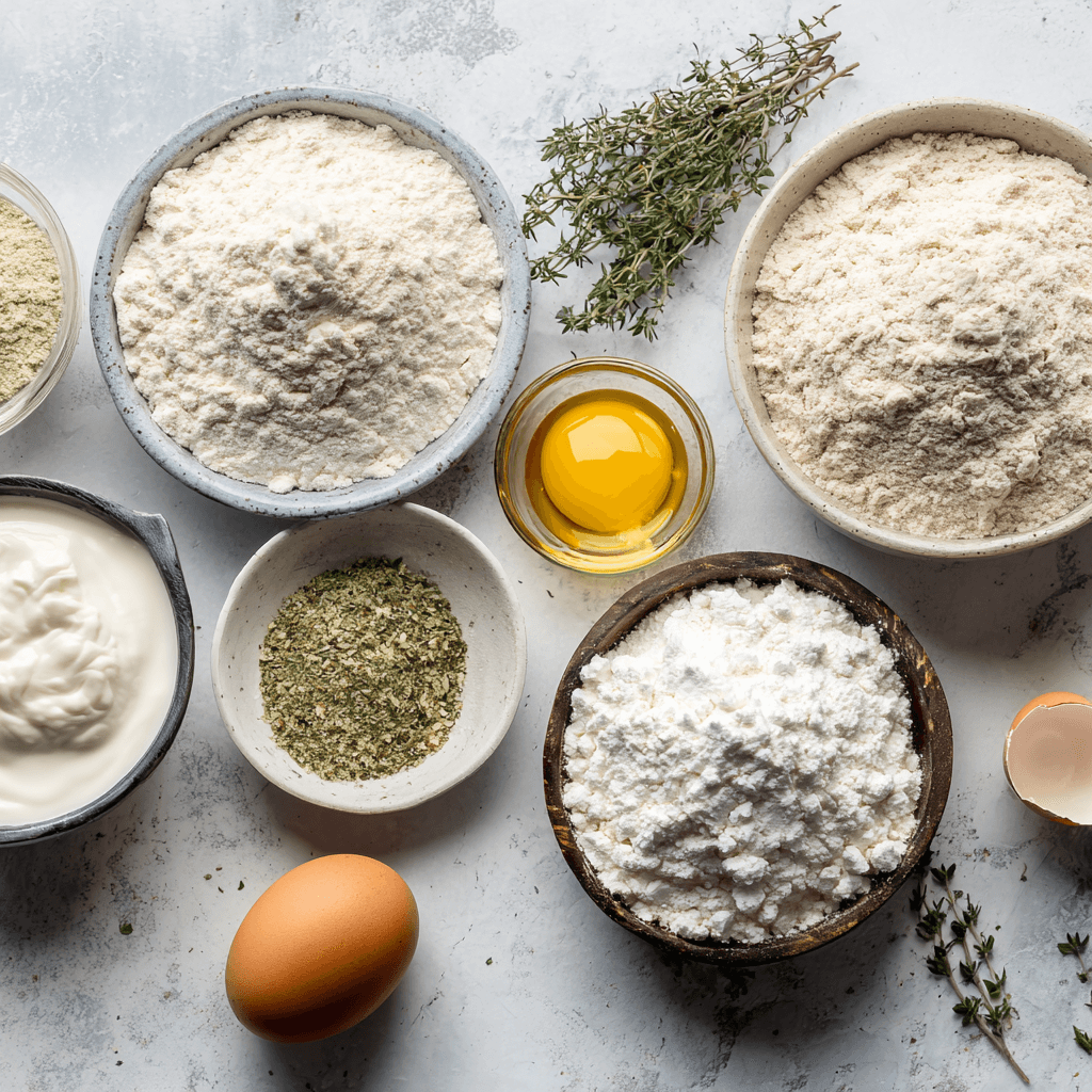 Ingredients for breakfast protein biscuits including flour, protein powder, and yogurt