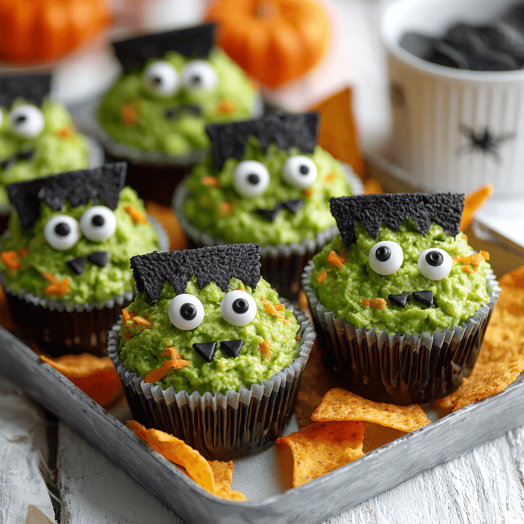 Frankenstein Guacamole Dip Cups ready for Halloween party