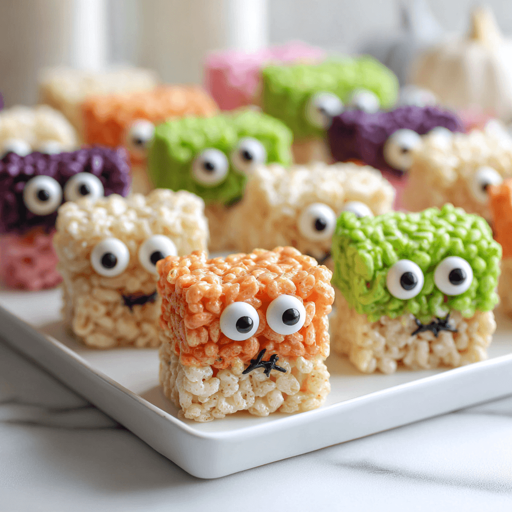 Frankenstein Rice Krispie Treats neatly served on a white platter