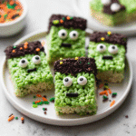 Close-up of Frankenstein Rice Krispie Treats with candy eyes and chocolate topping