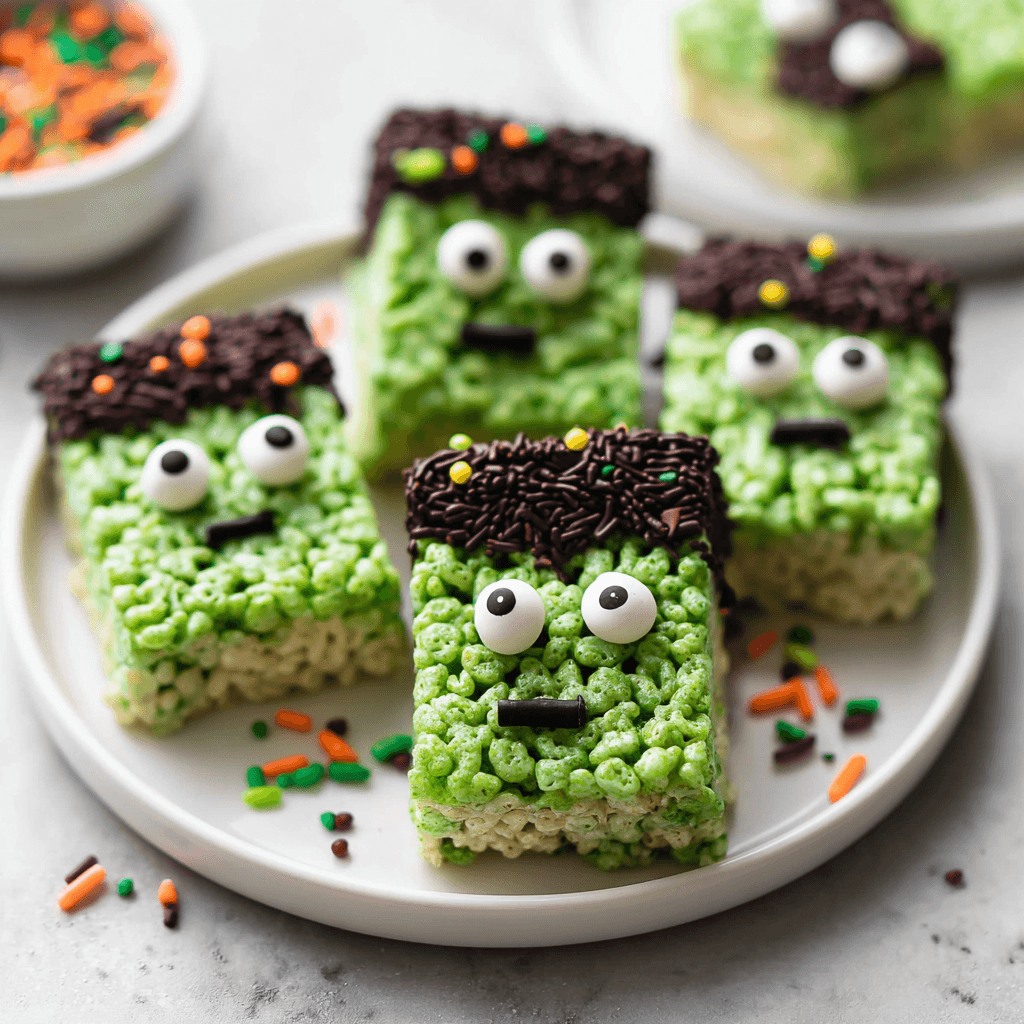 Close-up of Frankenstein Rice Krispie Treats with candy eyes and chocolate topping