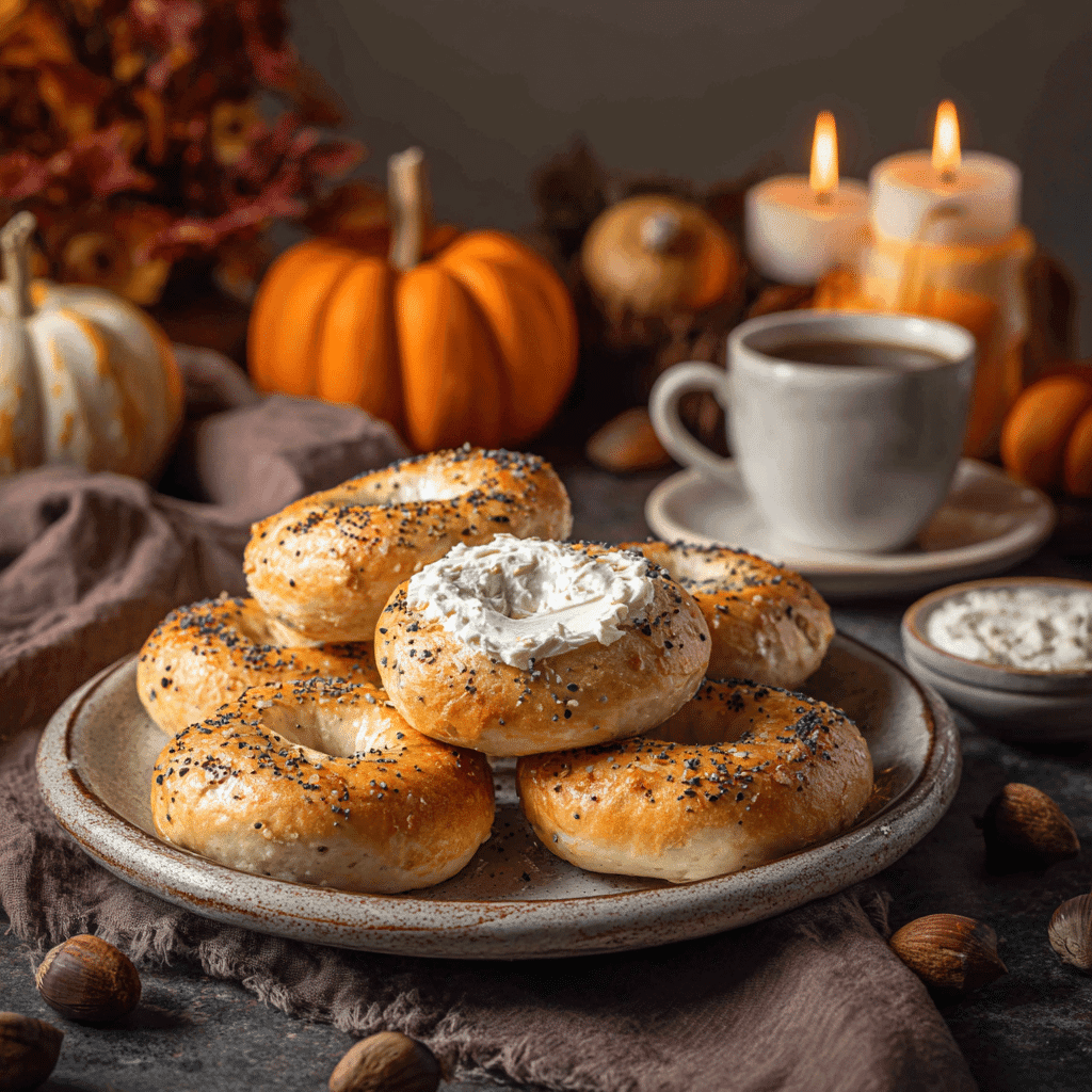 Sliced Greek yogurt bagels with cream cheese and fall decor