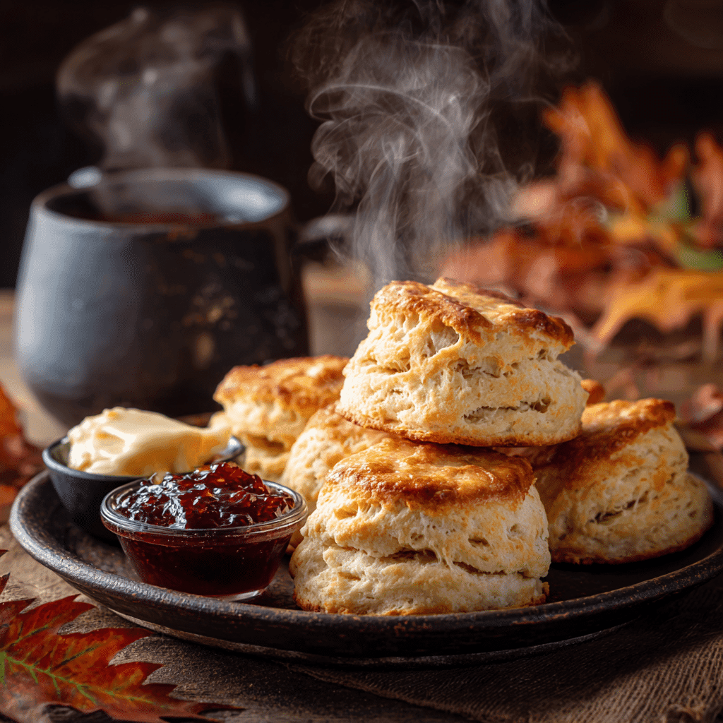 Warm breakfast protein biscuits served on a plate with jam and butter