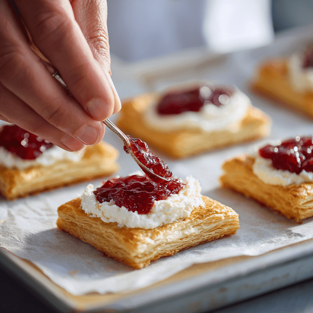 Making Strawberry Danish folding puff pastry with filling