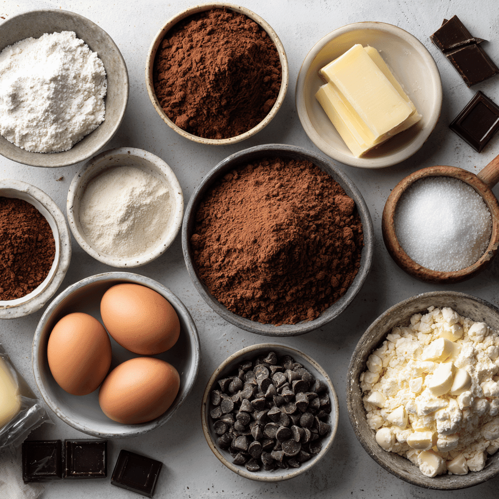 Ingredients for spooky spider web chocolate cookies laid out in bowls
