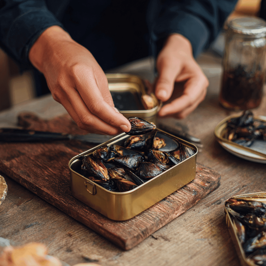 Opening smoked mussels for tin fish date night