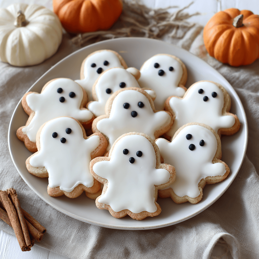 Plate of finished ghost sugar cookies with royal icing