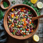 Dense bean salad recipe in a rustic serving bowl