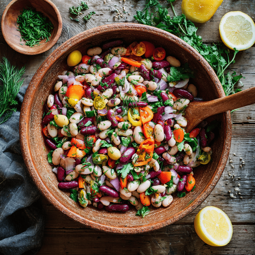 Dense bean salad recipe in a rustic serving bowl