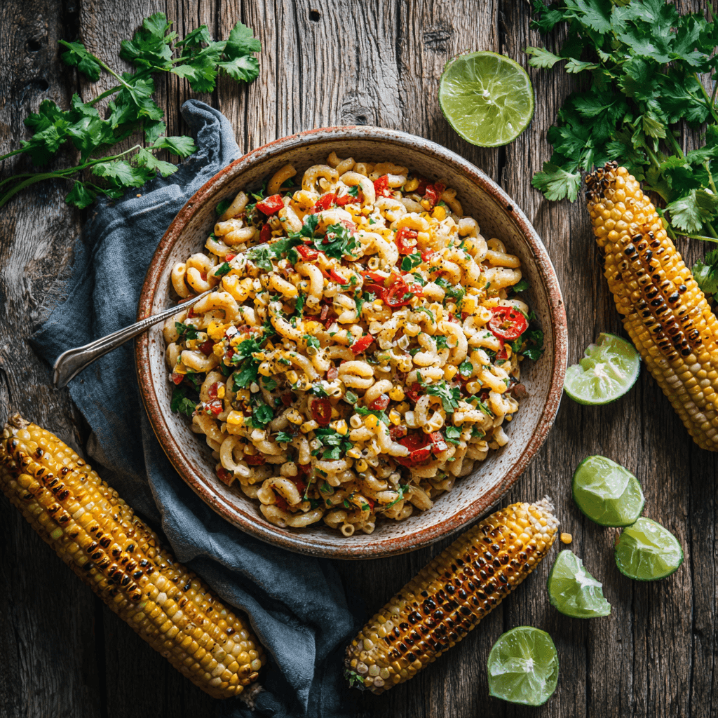 Healthy Street Corn Pasta Salad in rustic bowl