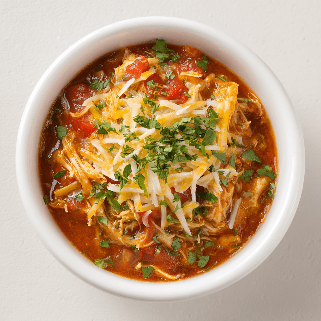 Chicken Enchilada Crock Pot Meal in bright natural light, close-up view