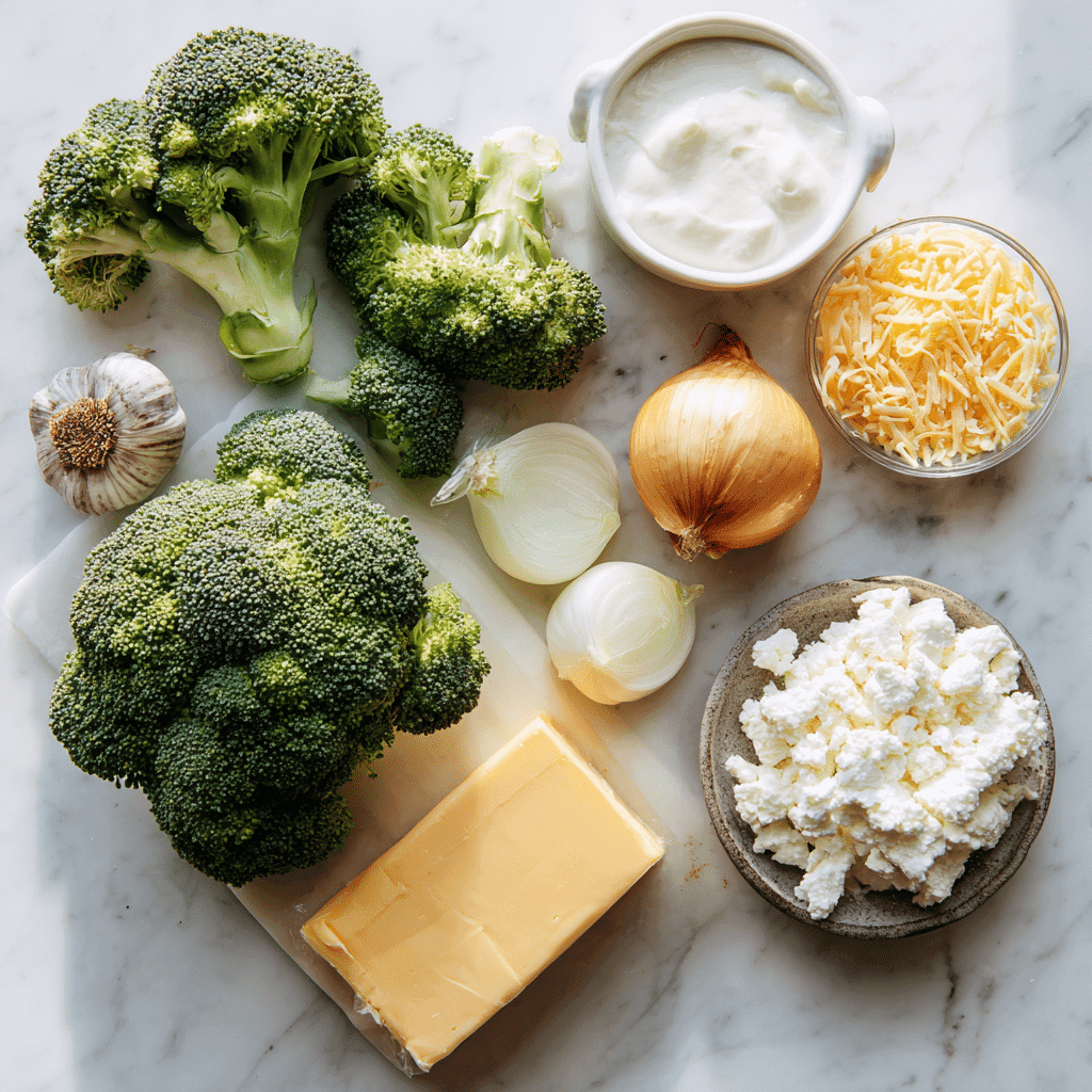Ingredients for High Protein Broccoli Cheddar Soup on a marble surface