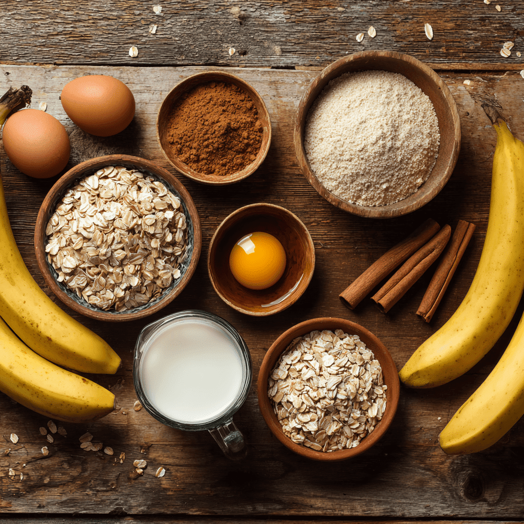 Ingredients for Wholesome Banana Bread Baked Oats on wooden counter