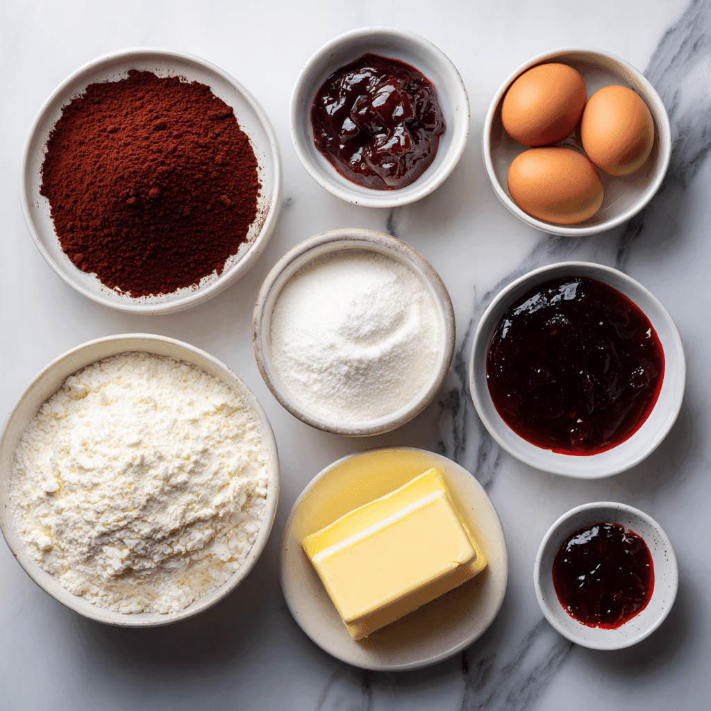 Ingredients for Bloody Red Velvet Cheesecake Bars laid out