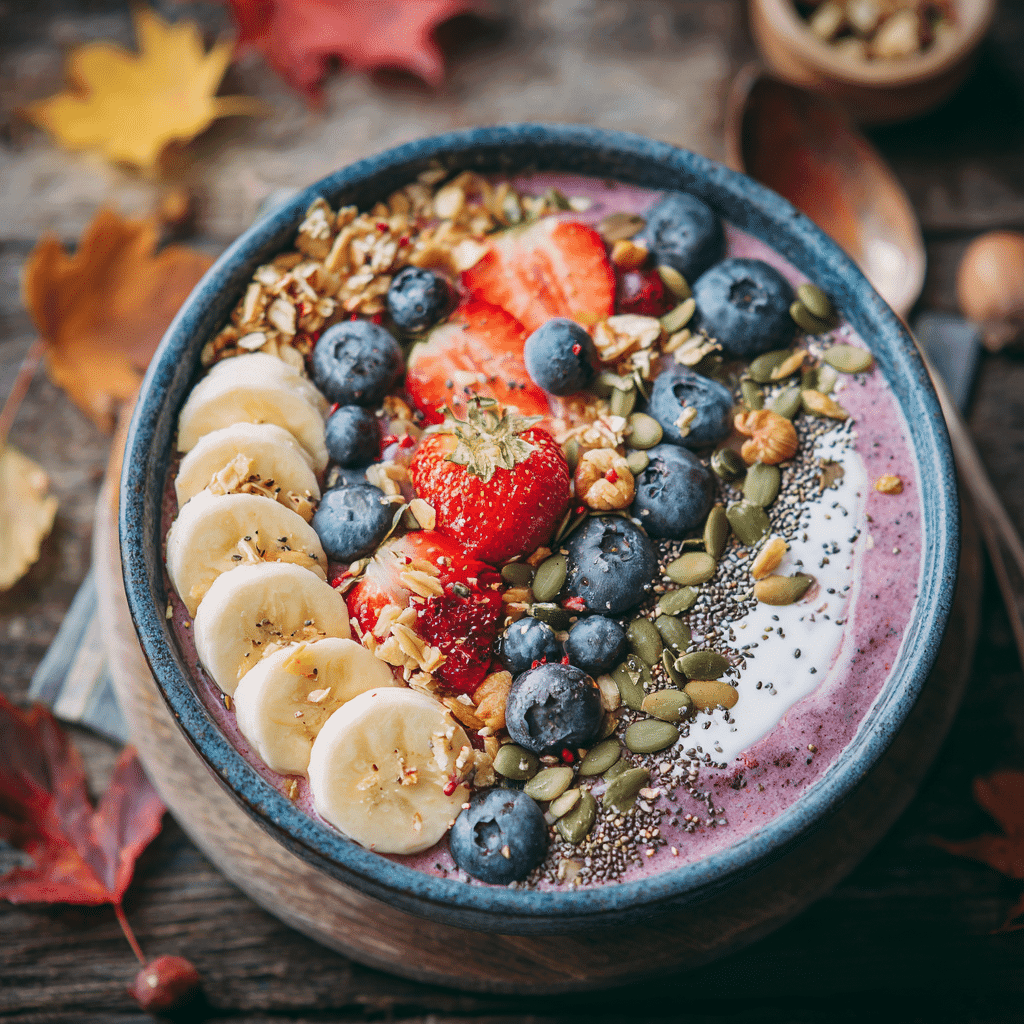 5-Minute Fruit Smoothie Bowl (with Greek Yogurt) on rustic fall table