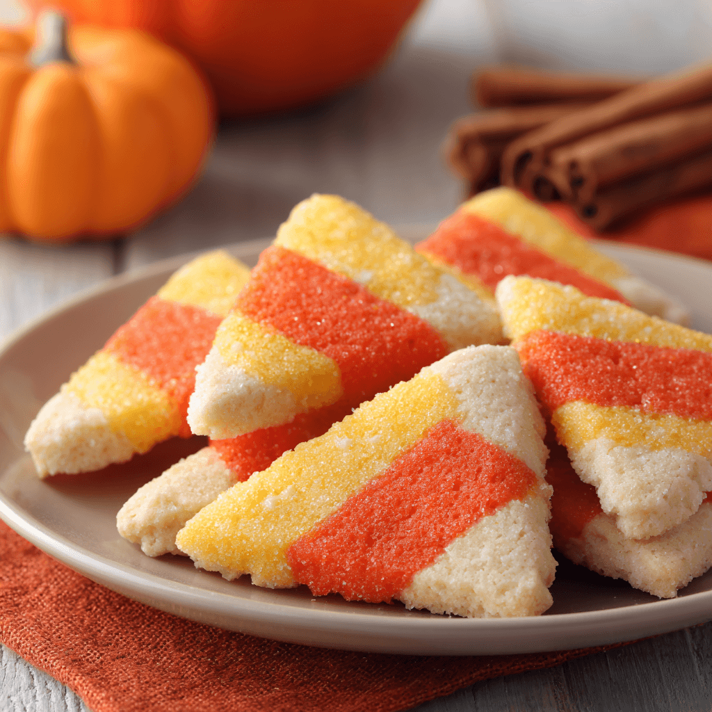 Served Halloween Candy Corn Shortbread Cookies on wooden table