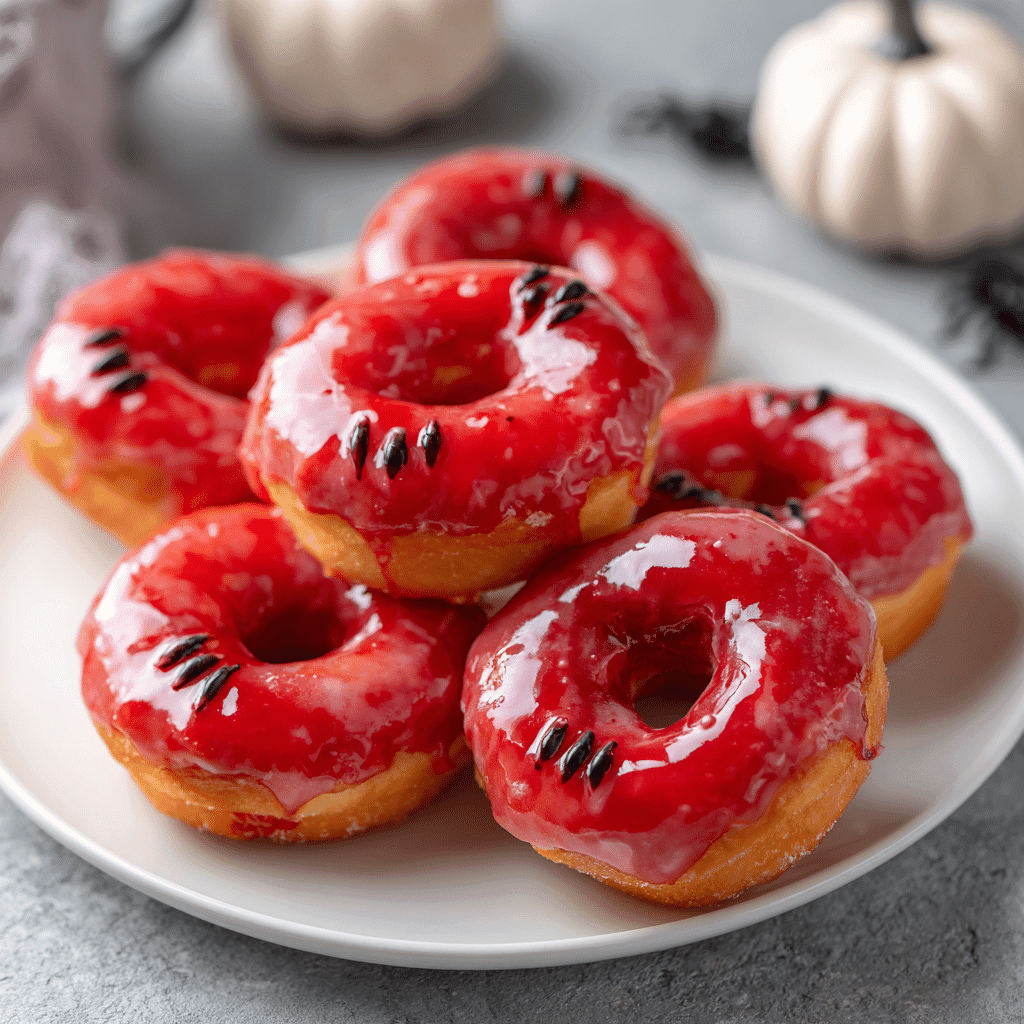 Glazed Vampire Bite Donuts arranged on a platter