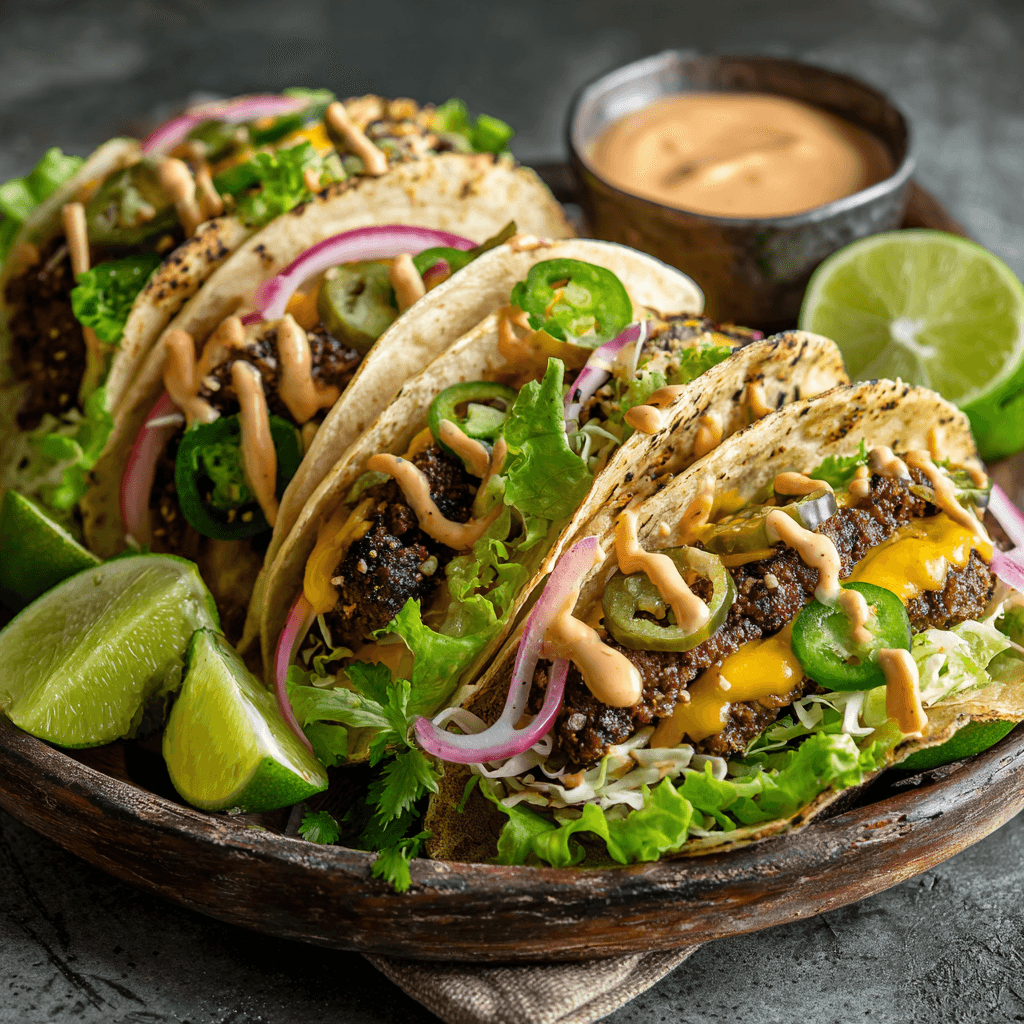 Plated smash burger tacos with toppings