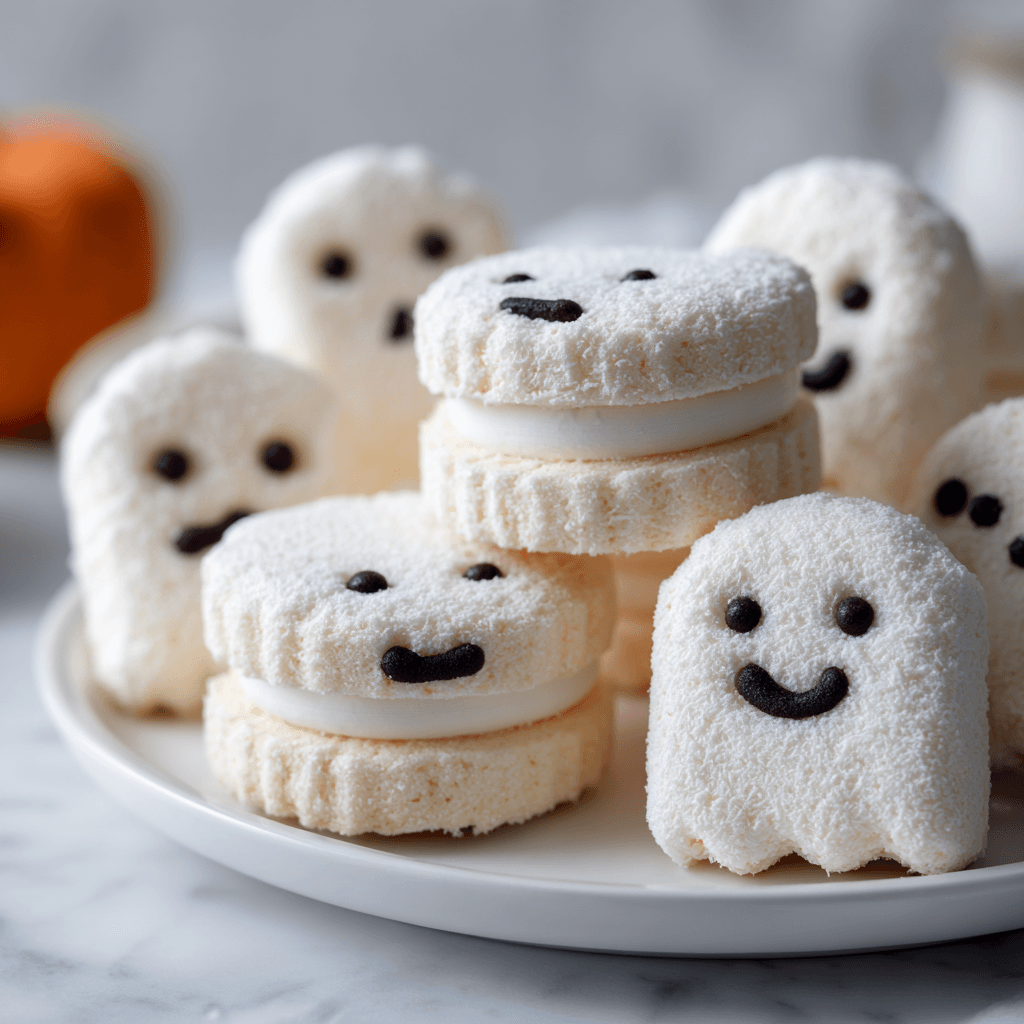 Ghostly Marshmallow Sandwich Cookies served on a tray
