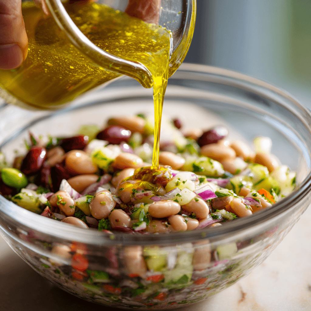 Pouring dressing over dense bean salad recipe