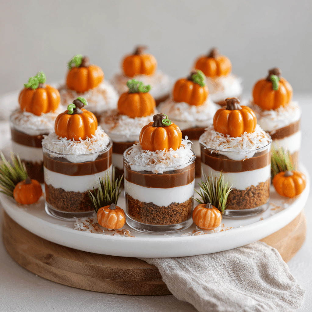 Pumpkin Patch Dirt Pudding Cups served on a fall-themed tray