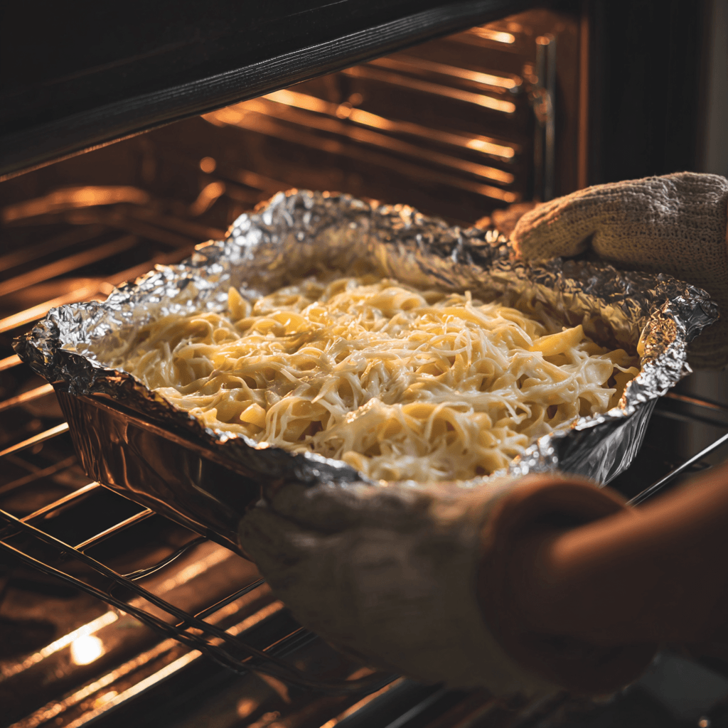 Uncovering baked Alfredo pasta