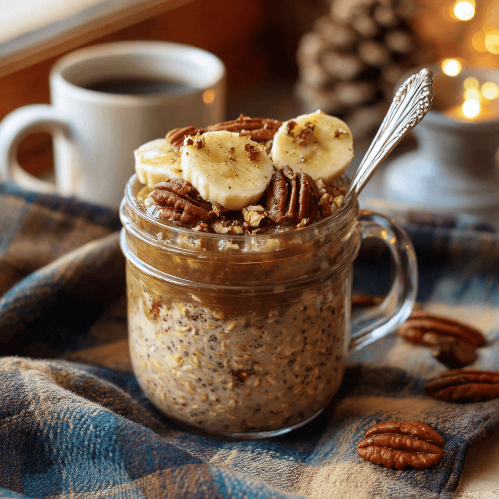 Served overnight oats with banana and pecans