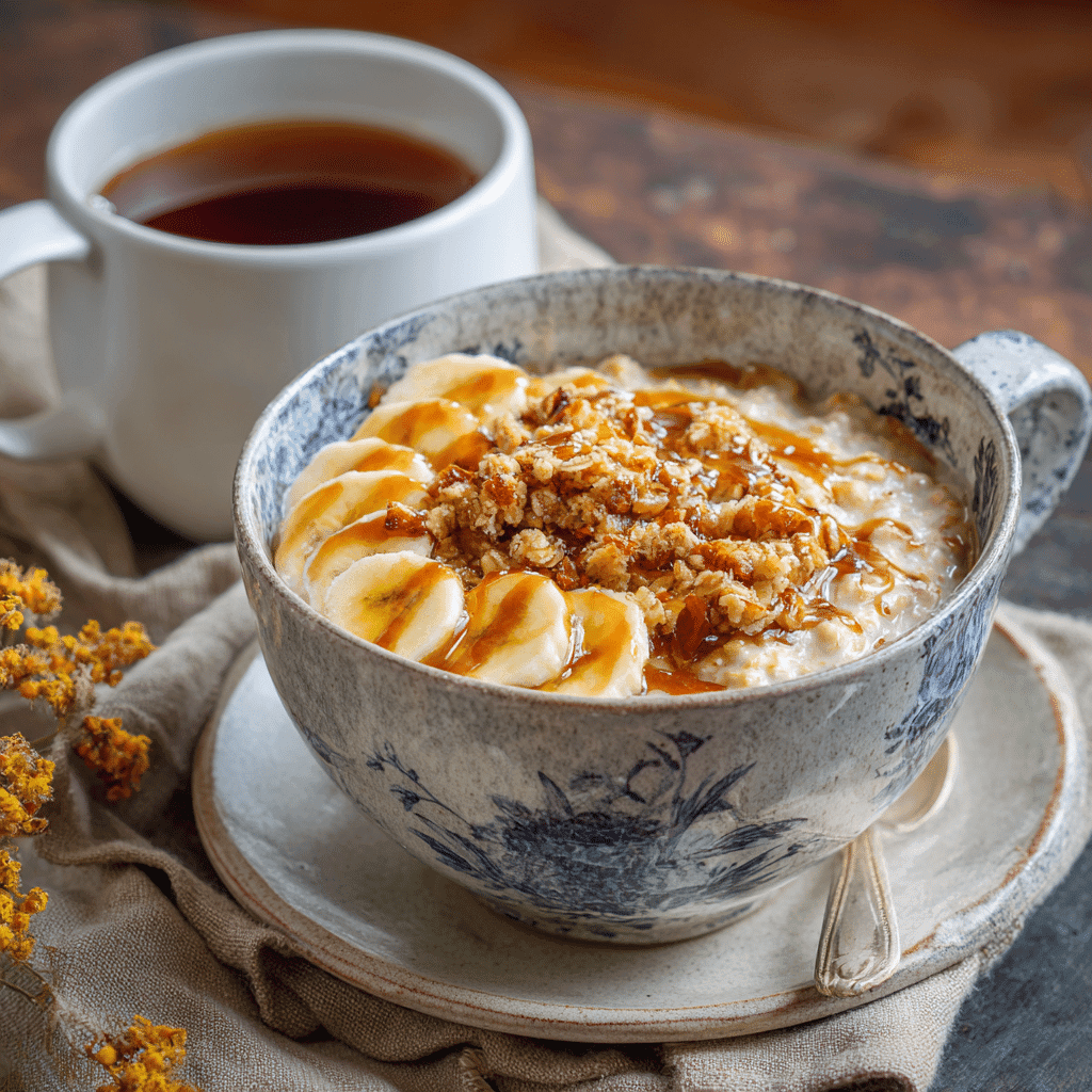 Easy Overnight Oats served with banana and granola toppings