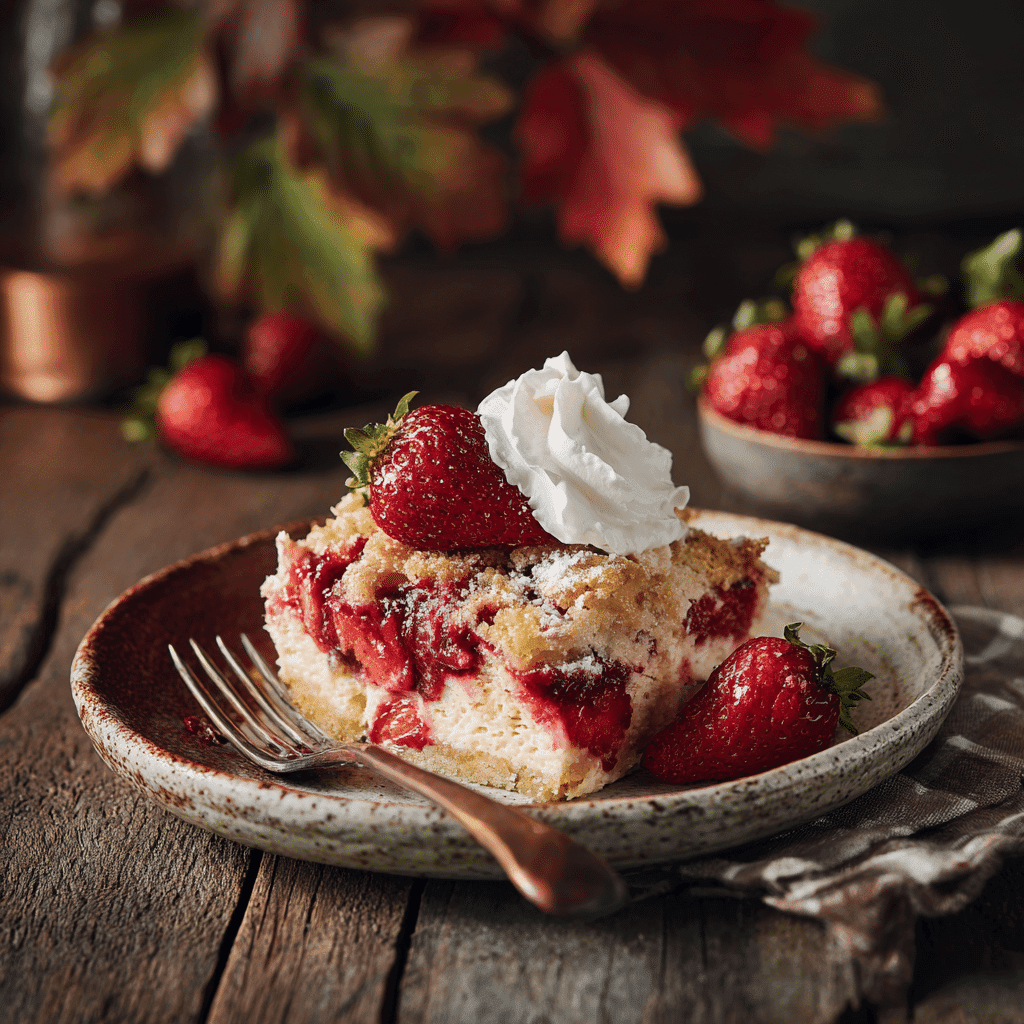 Served slice of Ultimate Strawberry Cheesecake Dump Cake with whipped cream
