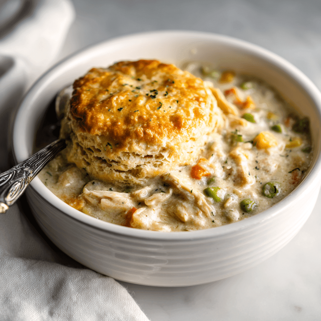 Served Crockpot Chicken Pot Pie in white bowl