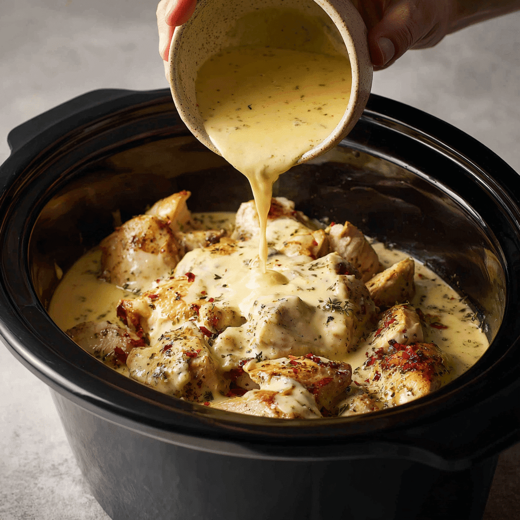 Pouring sauce over chicken in crock pot