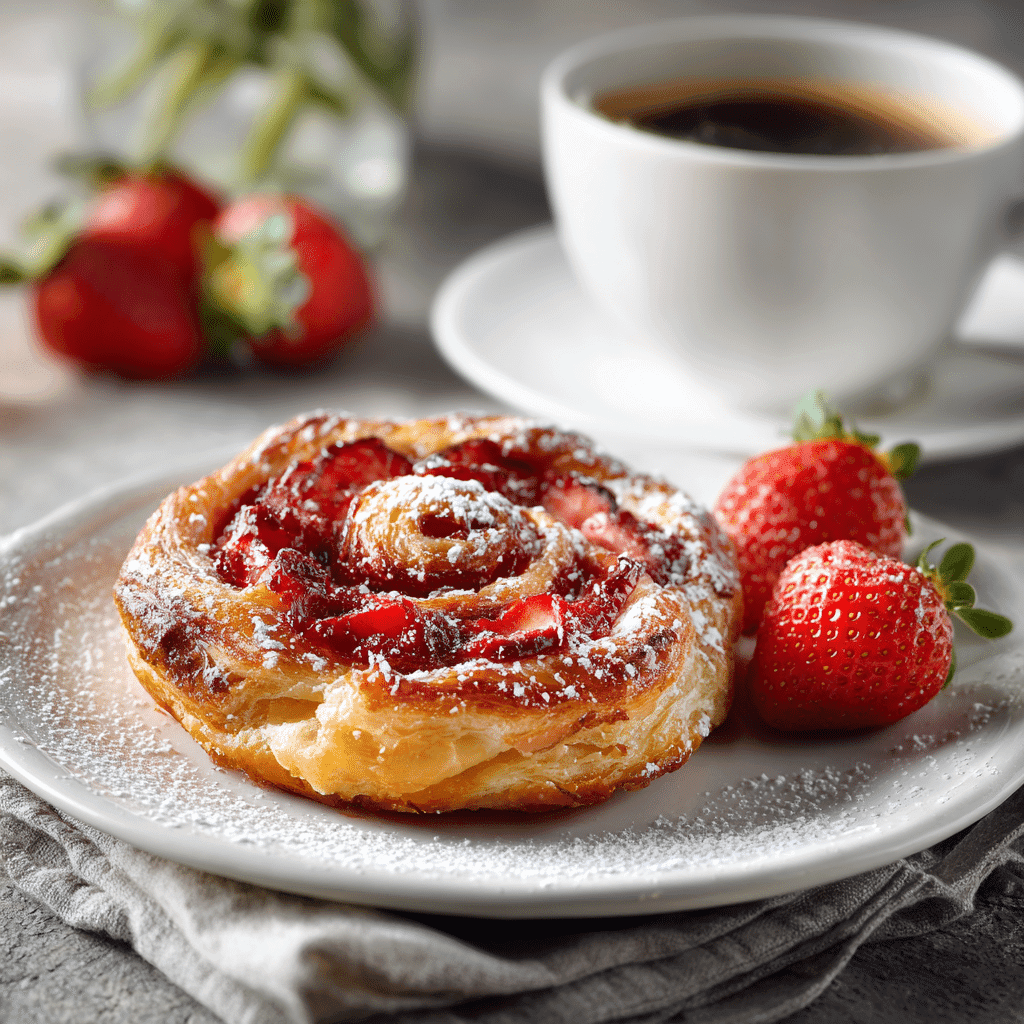 Strawberry Danish pastry served with coffee breakfast