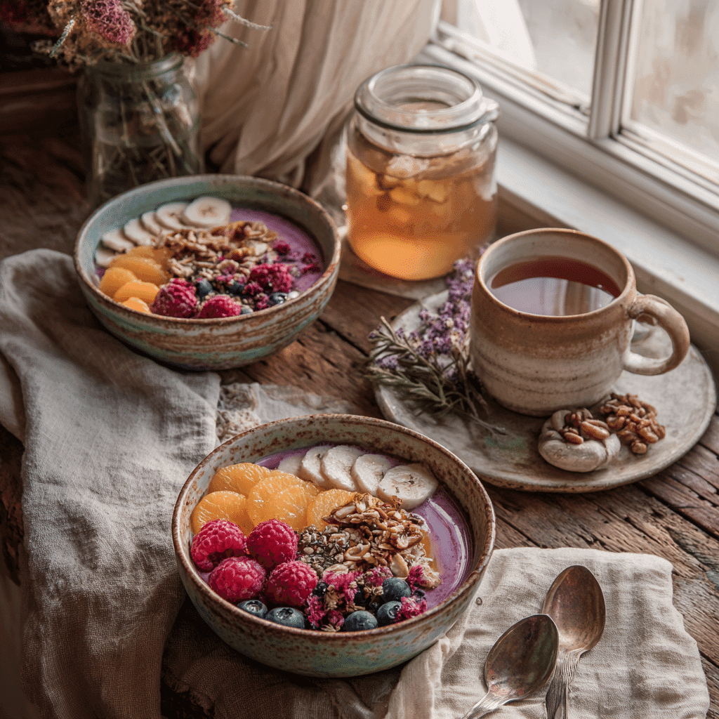 Fruit smoothie bowl with Greek yogurt served for cozy fall breakfast