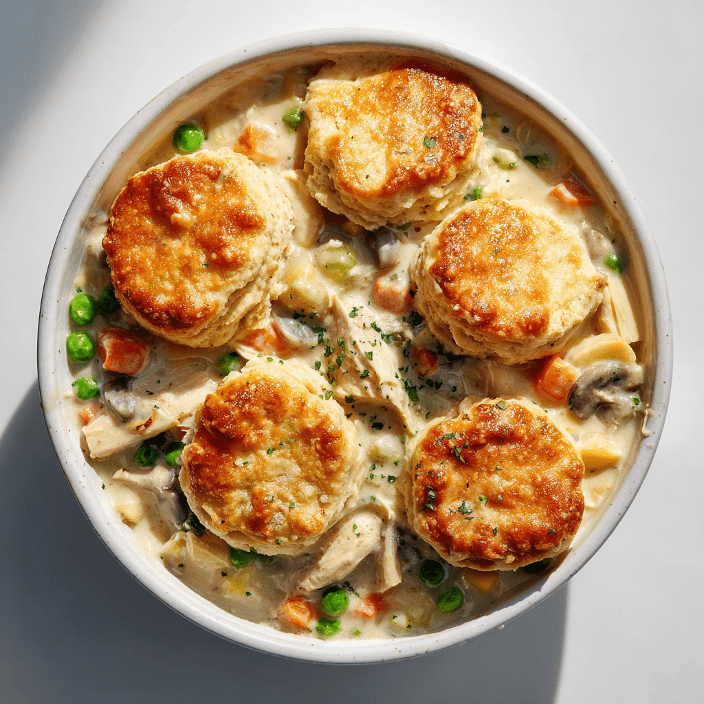Crockpot Chicken Pot Pie with golden biscuit topping