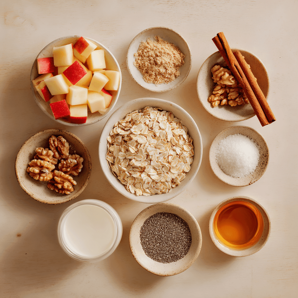 Ingredients for apple cinnamon oatmeal bowl on light surface