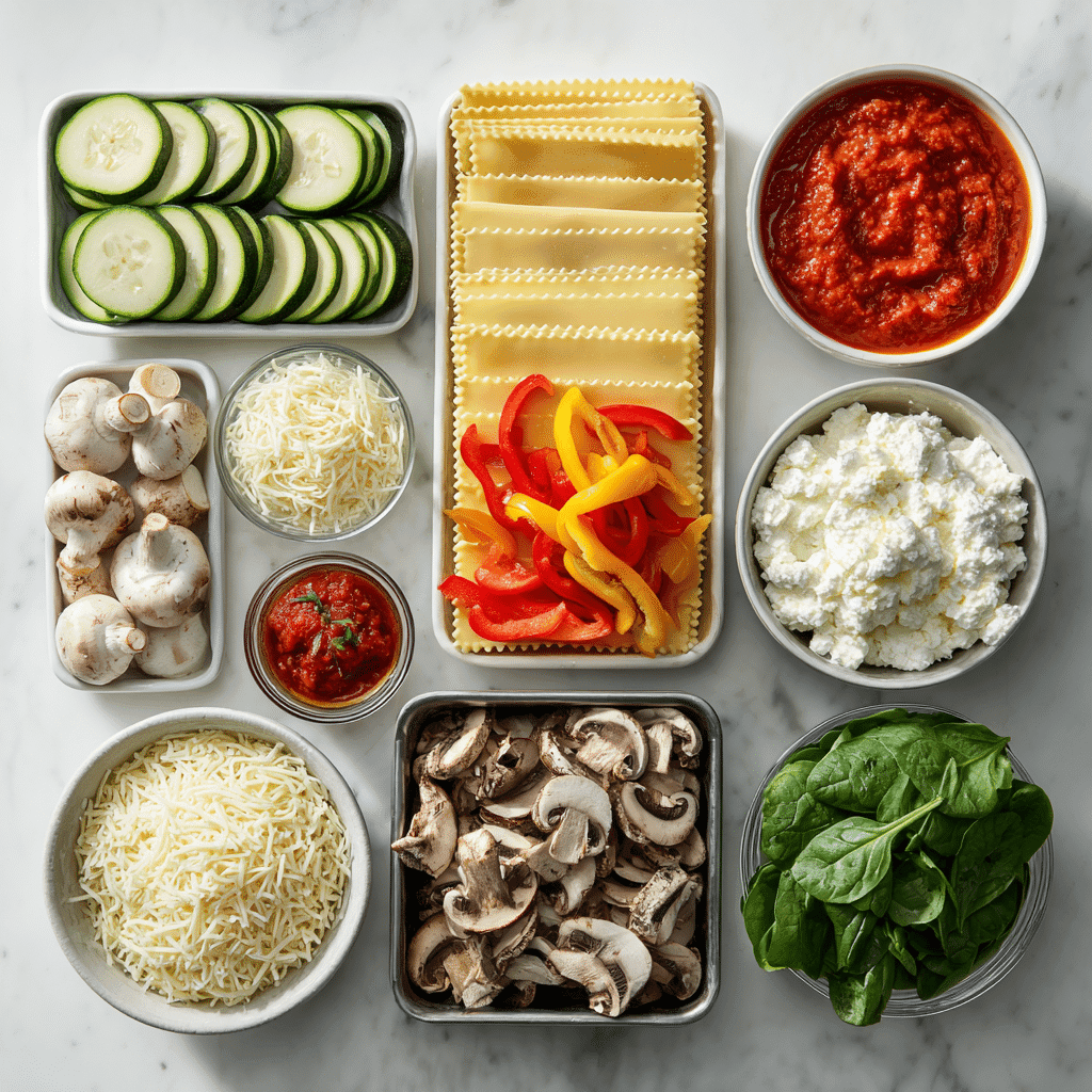 Fresh ingredients for vegetable lasagna on a white counter