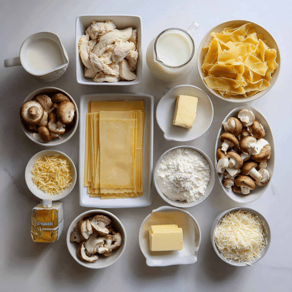 white lasagna ingredients flat lay on bright surface