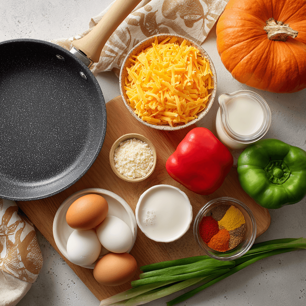 Ingredients for Jack-o’-Lantern Omelets on wooden board