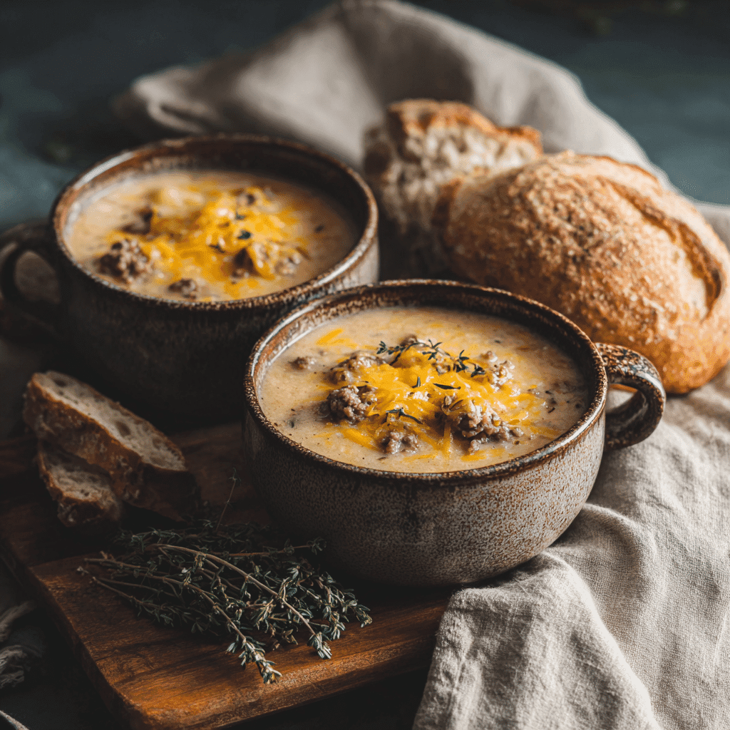 bowl of creamy hamburger potato soup with bread on linen cloth