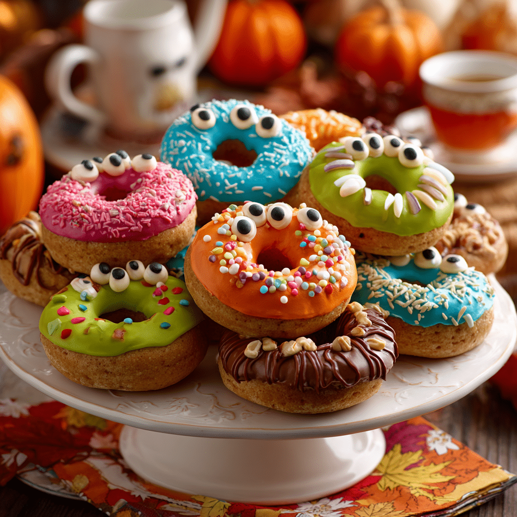 Finished Monster Bagels with Cream Cheese Faces served on a platter