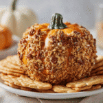 Pumpkin-Shaped Cheese Ball with Crackers on white plate
