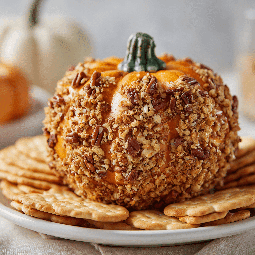 Pumpkin-Shaped Cheese Ball with Crackers on white plate